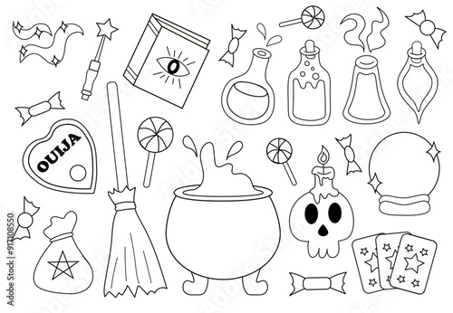 Halloween element set. Outline Line Art. Cauldron, poison bottles, ouija, magic book, tarot, magic ball, broomstick, skull, candle, magic wand. Vector flat Illustration.