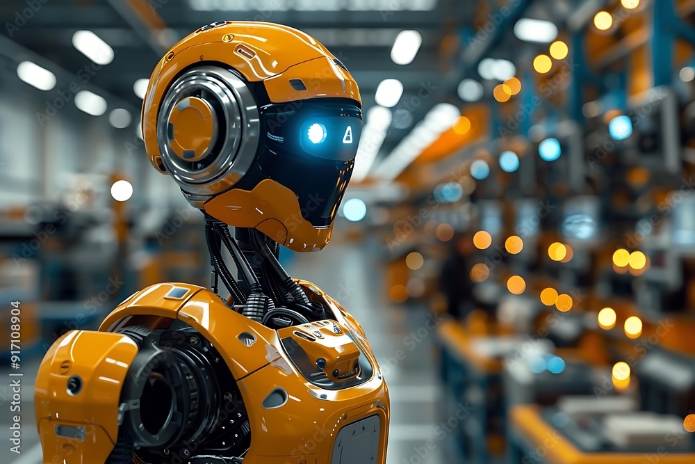 3D Illustration of a Yellow Robot in a Factory Setting 3D Illustration of a Yellow Robot in a Factory Setting