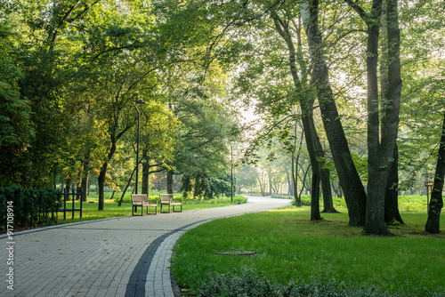 Early morning stroll through a public park with benches and lush greenery