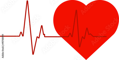 Red heartbeat line and big stylized heart vector illustration	