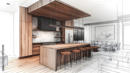 Home house apartment design sketch contemporary luxurious cozy modern wooden kitchen living room area construction interior architect drawing furniture