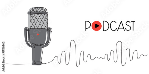 Continuous one line drawing of podcast microphone. Suitable for banner music, webinar, online training. Vector illustration