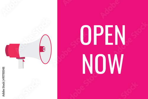 open now button, banner, label, template for website. open now text with colorful megaphone icon
