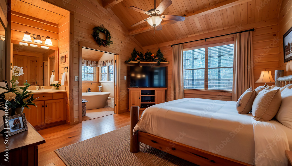 Fototapeta premium Light beige color main bedroom model, Cabin Style