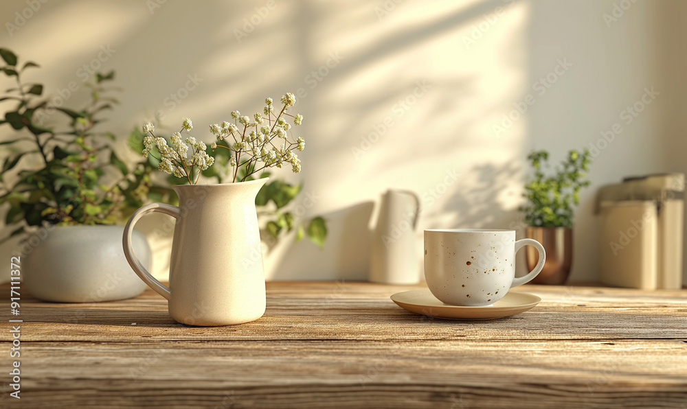 Modern kitchen. Interior of a modern kitchen surface with shelves. Vase with flowers, blooming branches of spring trees. Jars with cereals and spices. Banner. Copy space.Empty wall. Modern kitchen. Interior of a modern kitchen surface with shelves. Vase with flowers, blooming branches of spring trees. Jars with cereals and spices. Banner. Copy space.Empty wall.
