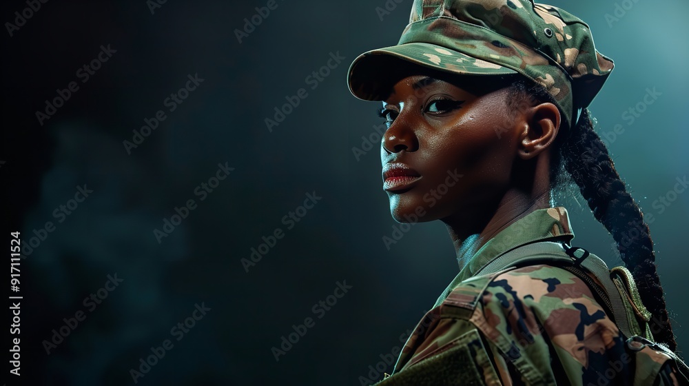 An image of a black female military soldier taken from the side. Generative Ai An image of a black female military soldier taken from the side. Generative Ai