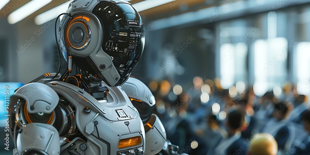 Futuristic Robot in a Crowd 3D Illustration Futuristic Robot in a Crowd 3D Illustration
