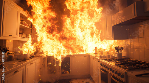 Home house apartment modern kitchen cooking fire engulfed flames intense accident danger explosion  urgency urgent chaos burn burning stove