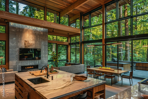 A modern kitchen with light wood cabinetry, marble countertops and large windows overlooking the forested backyard. 