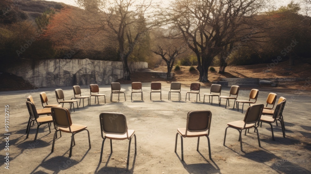 Naklejka premium Circle of Chairs in a Sunny Clearing