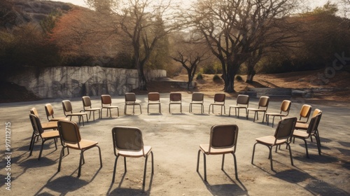 Circle of Chairs in a Sunny Clearing