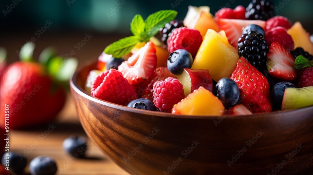 Fresh Mixed Berry and Fruit Salad in Wooden Bowl on Rustic Table Fresh Mixed Berry and Fruit Salad in Wooden Bowl on Rustic Table