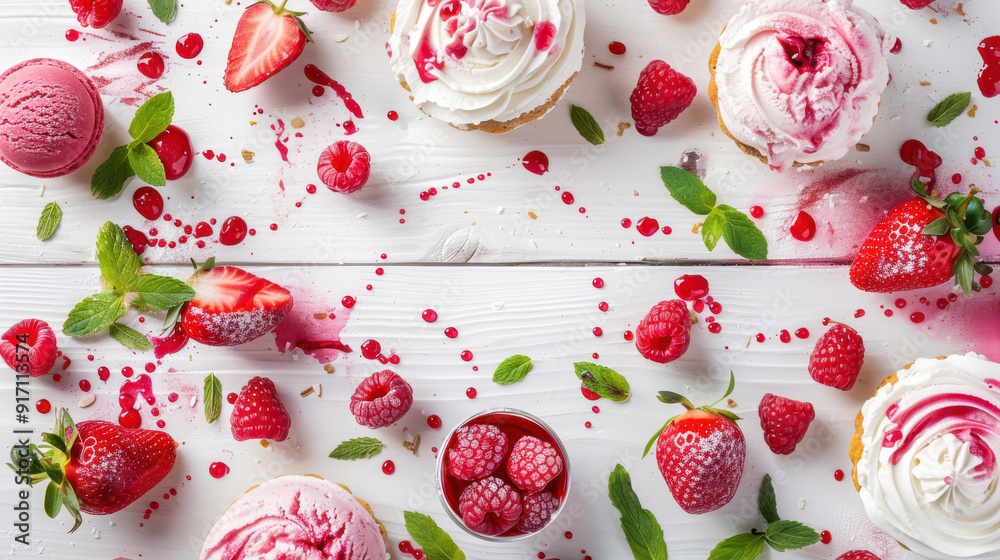 A creative flat lay of strawberry and raspberry-themed desserts, including ice cream, cakes, and fresh fruit A creative flat lay of strawberry and raspberry-themed desserts, including ice cream, cakes, and fresh fruit