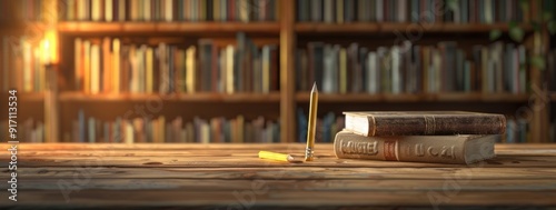 On the wooden table in front of blurred bookshelves, there is an open vintage hardcover book with pencil on it. 