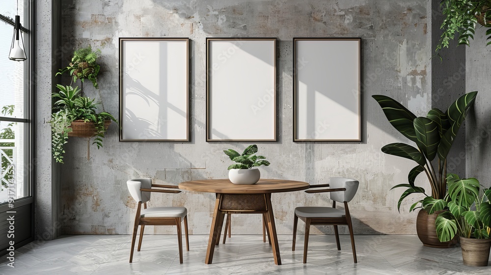 Mockup blank frames, Modern dining room with round wooden table and decorated with plants Mockup blank frames, Modern dining room with round wooden table and decorated with plants