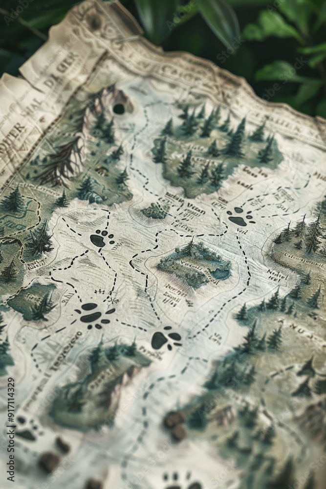 A fantasy map with whimsical locations and a trail marked by paw prints A fantasy map with whimsical locations and a trail marked by paw prints
