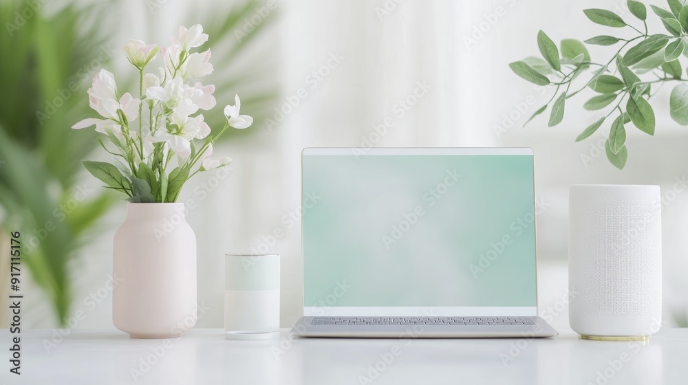 Fototapeta premium Minimalist Workspace with Laptop and Flowers