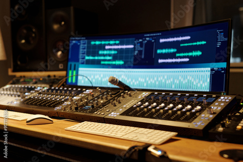 Audio mixing and recording being done with high-end studio gear, featuring multiple screens and mixing consoles in well-lit professional recording studio