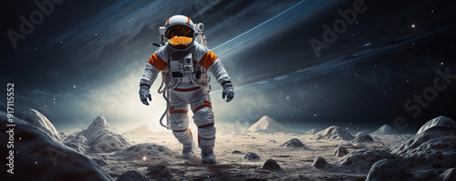 Astronaut on a lunar surface gazing at distant Saturn and Jupiter in a vast, starry cosmos