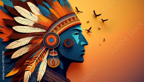 3d native american male on orange background