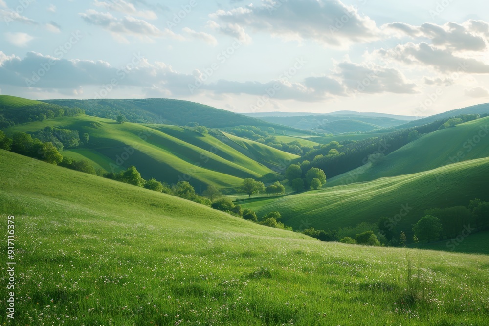 A serene countryside landscape with rolling hills and lush green fields stretching as far as the eye can see. A serene countryside landscape with rolling hills and lush green fields stretching as far as the eye can see.
