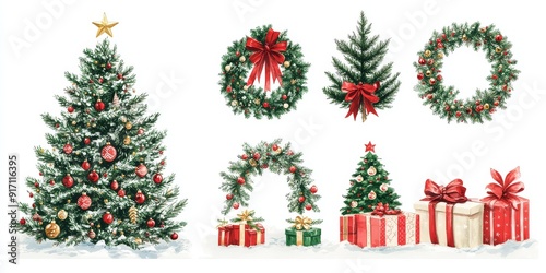 Classic Christmas Watercolor Set: Festive fir trees adorned with ornaments, elegant wreaths, and beautifully wrapped gifts come together in this charming watercolor collection.