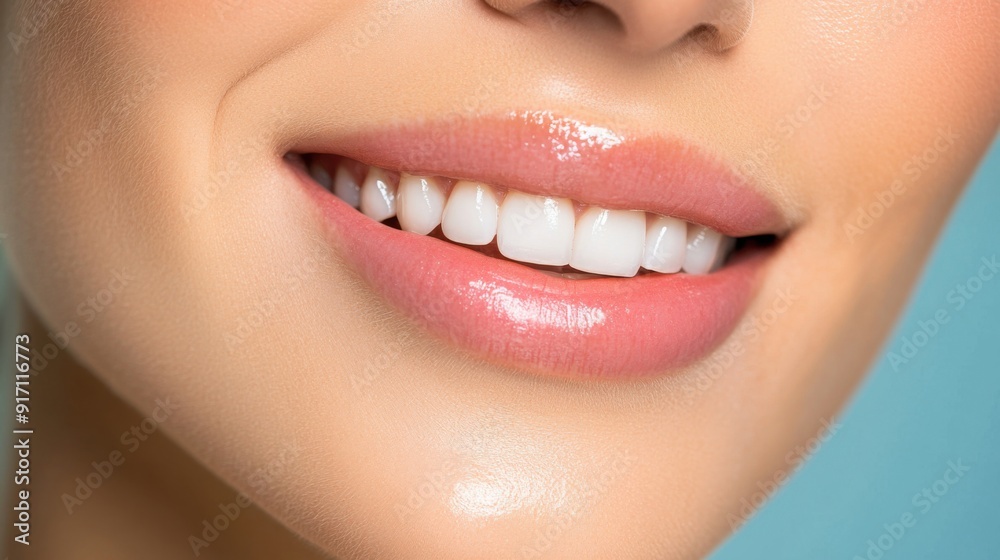 Fototapeta premium Close-up detail, model's teeth, one-piece swimsuit, simple background, modern look