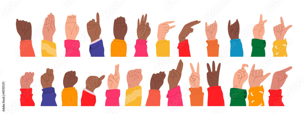American Sign Language Alphabet. Set of hands in doodle style isolated human arms. vector illustration for ASL education poster, card, brochure, canvas, website, books American Sign Language Alphabet. Set of hands in doodle style isolated human arms. vector illustration for ASL education poster, card, brochure, canvas, website, books