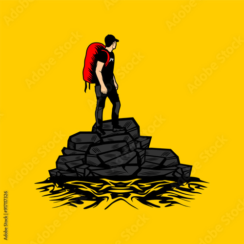 mountain climber carrying carrier looking backward vector illustration