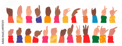 American Sign Language Alphabet. Set of hands in doodle style isolated human arms. vector illustration for ASL education poster, card, brochure, canvas, website, books