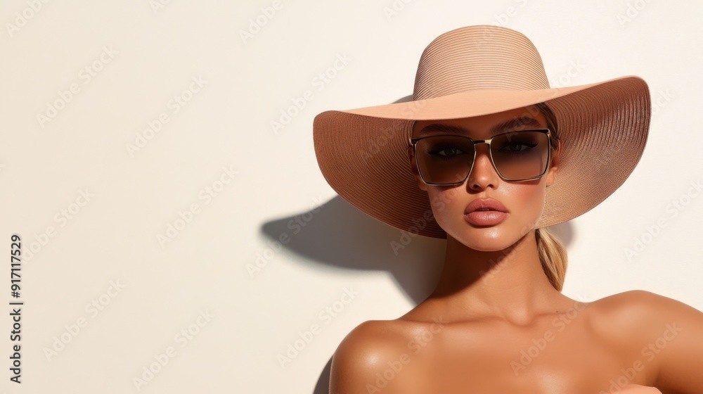 Elegant beachwear, posed model, white backdrop Elegant beachwear, posed model, white backdrop