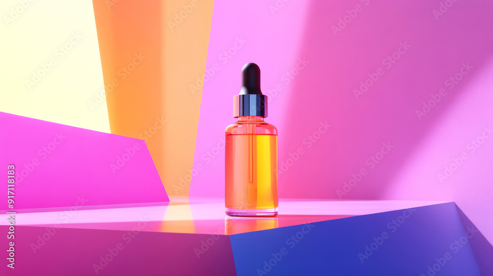 Bright serum bottle on colorful geometric Bright serum bottle on colorful geometric