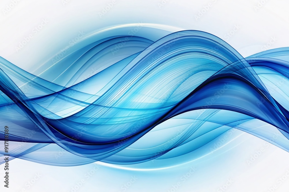Obraz premium Vibrant blue abstract wave forms undulate against a clean white background, creating a dynamic, futuristic, and mesmerizing visual effect, perfect for technology and innovation themes.