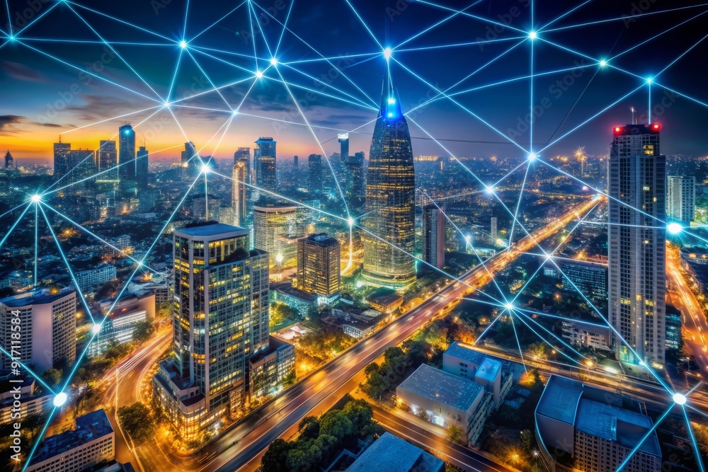 Aerial view Smart cityscape dot point connect with gradient line, connection technology metaverse concept. Bangkok, Thailand night city Aerial view Smart cityscape dot point connect with gradient line, connection technology metaverse concept. Bangkok, Thailand night city