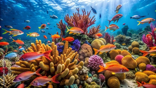Fototapeta Naklejka Na Ścianę i Meble -  Vibrant coral reef in Florida Keys teems with marine life, including shrimp and macro invertebrates, showcasing breathtaking diversity in the Atlantic Ocean's colorful underwater world.