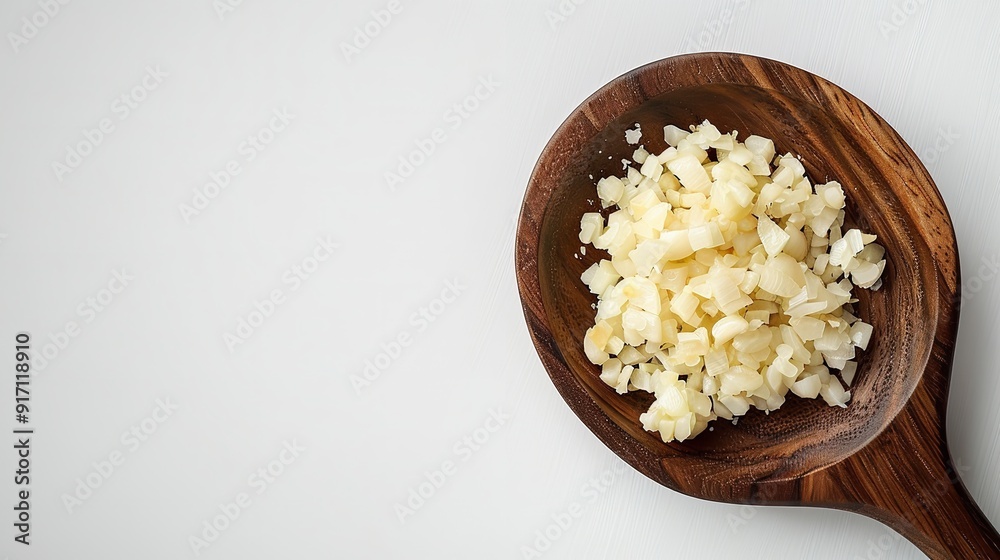 A wooden ladle on a white desk containing minced garlic. Generative Ai A wooden ladle on a white desk containing minced garlic. Generative Ai