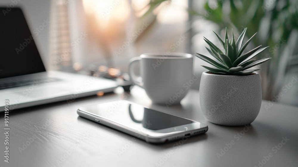 work-from-home setup smartphone, coffee cup, and succulent on a stylish desk, enhancing productivity and embracing remote work culture work-from-home setup smartphone, coffee cup, and succulent on a stylish desk, enhancing productivity and embracing remote work culture