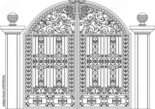 Vector sketch illustration of the silhouette of an old classic vintage ethnic European traditional iron fence gate design