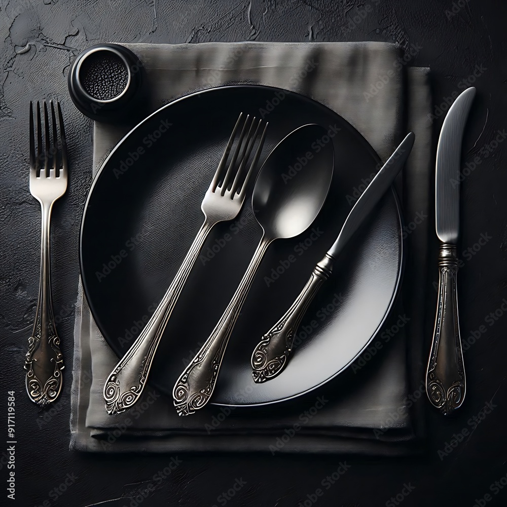 plate and cutlery on a black table
plate and cutlery on a black table