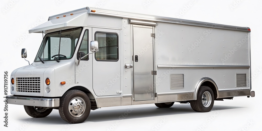 Naklejka premium Here is a possible description for the stock photo:..Empty white food truck with chrome accents and ventilation system on side view isolated on a clean white background for branding and design.