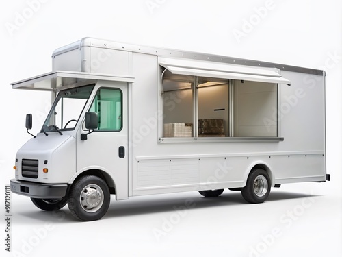 Empty white food truck with open serving window and minimal branding, parked on a clean white background, ready for customization and branding designs.