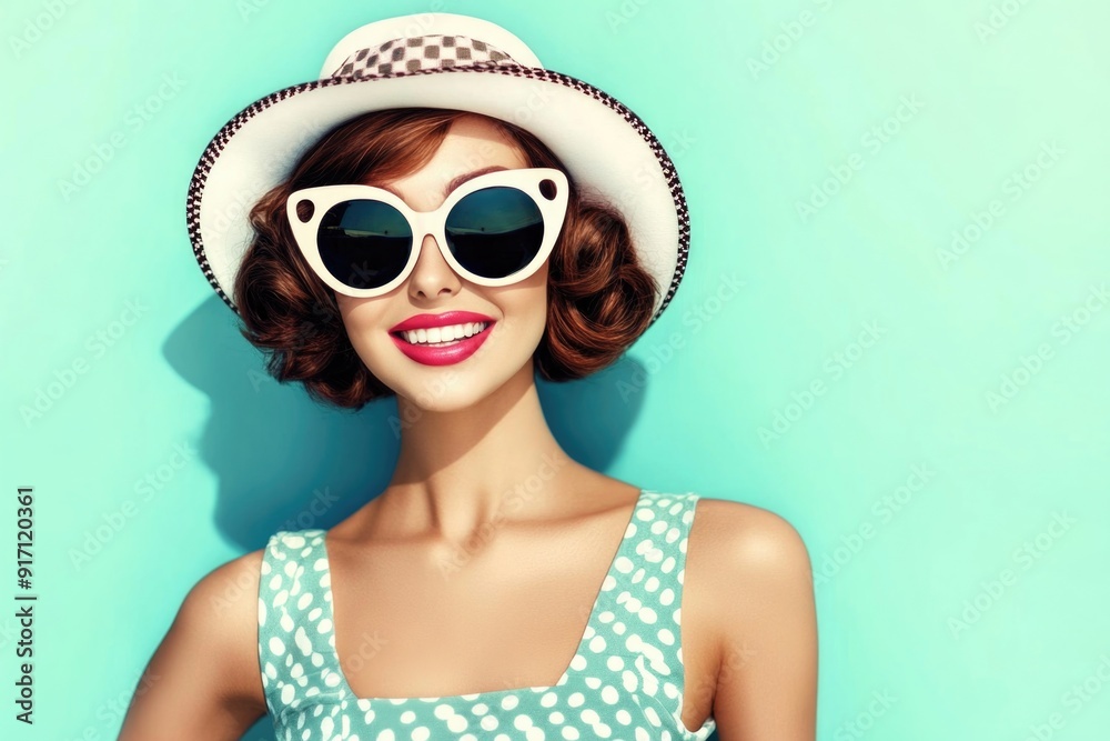 Minimalist Summer Advertising Concept with a Happy Woman in Sunglasses and Polka Dot Dress