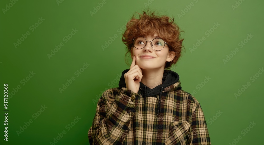 Minimalist Advertising Concept Featuring Happy Woman in Close-Up on Green Background