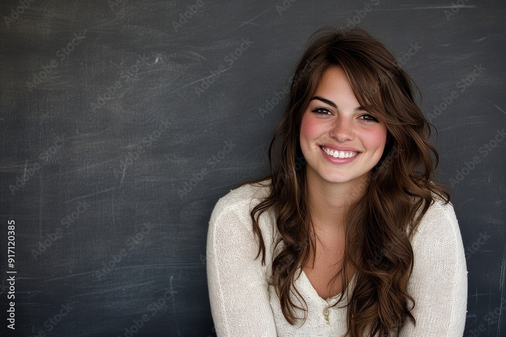 Minimalist Close-Up of Young Smiling Teacher Against Chalkboard for Educational or Inspirational Use Minimalist Close-Up of Young Smiling Teacher Against Chalkboard for Educational or Inspirational Use