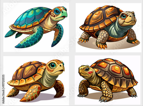 Set of colorful illustrations with four turtles in cartoon style. Two sea turtles, two land turtles. Usable as worksheets for children when learning about animals