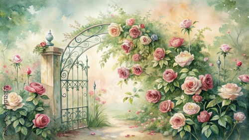 Fototapeta Naklejka Na Ścianę i Meble -  Delicate watercolor illustration of a whimsical garden gate entwined with lush roses in soft, pastel hues, evoking a sense of serene elegance and romantic charm.