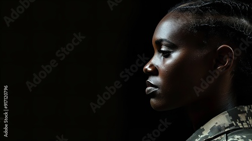 An image of a black female military soldier taken from the side. Generative Ai