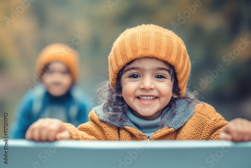 Joyful Children in Autumnwear Playing Outdoors – Warm Smiles and Cosy Knitwear for Autumn Adventures photo