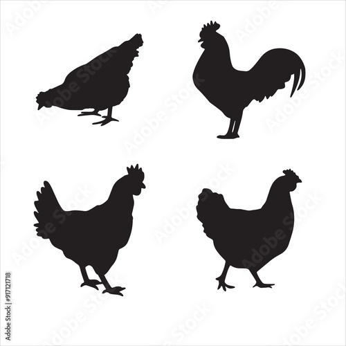 hen silhouette vector icon set art on white background 