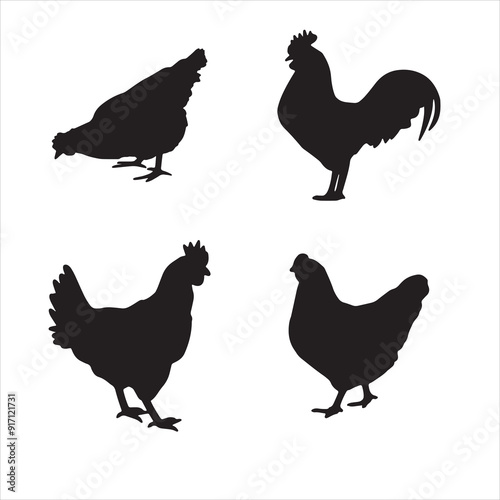 hen silhouette vector icon set art on white background 